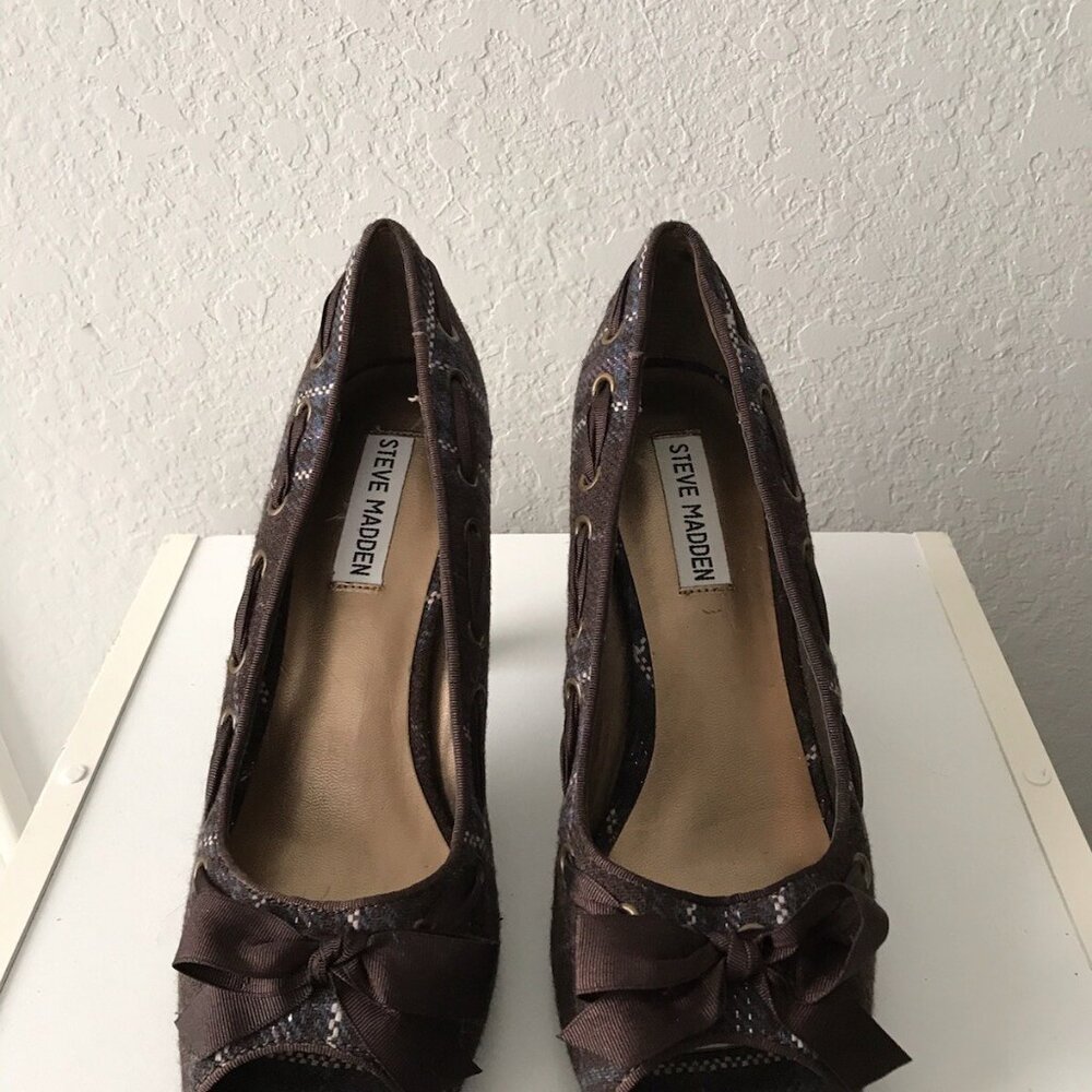 Steve Madden Ninna Peep Toe Heels Black Plaid Ribbon - Picture 2 of 12